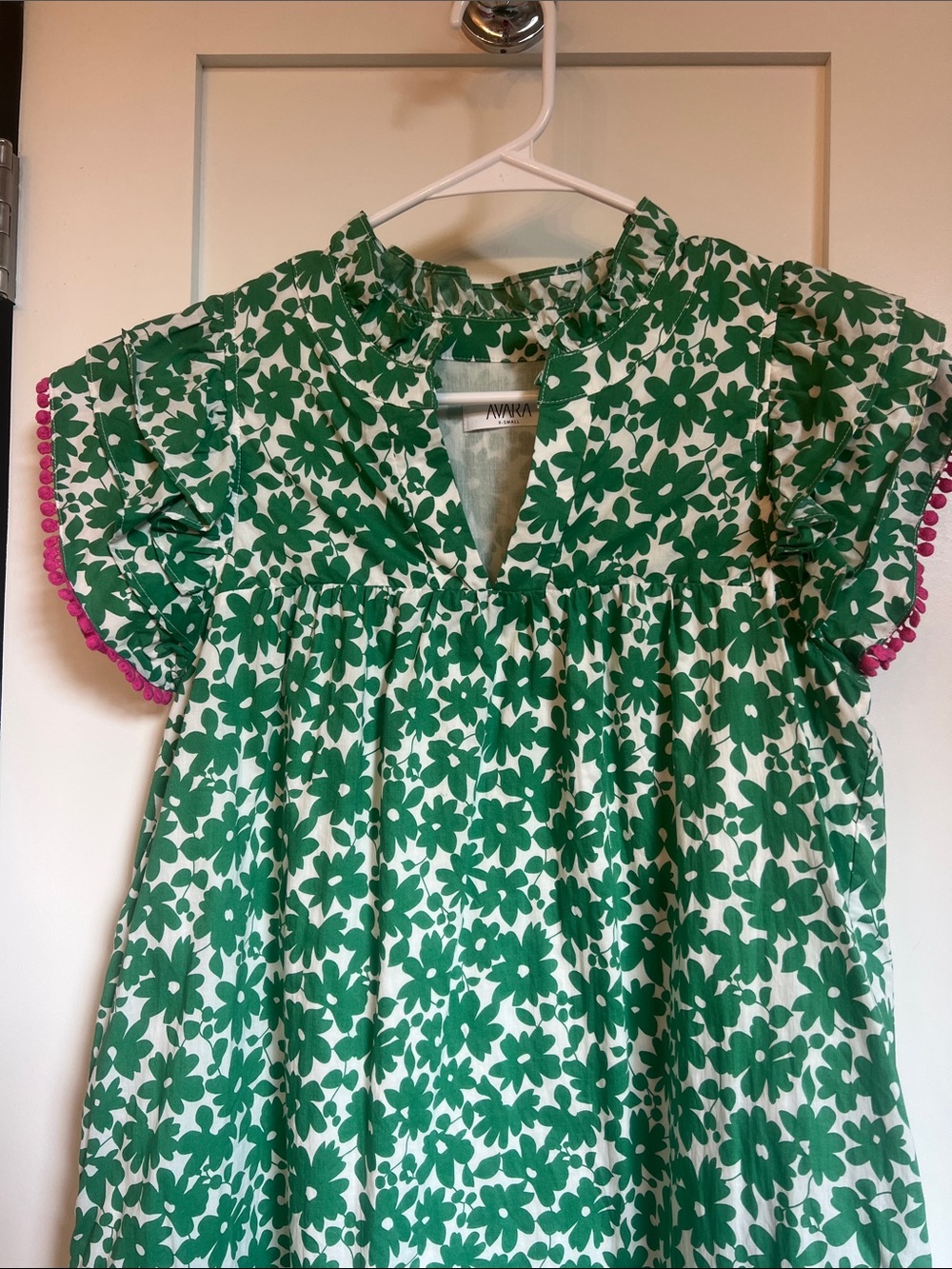 Green Floral Mini Dress with Pink Pom Trim - Picture 3 of 5